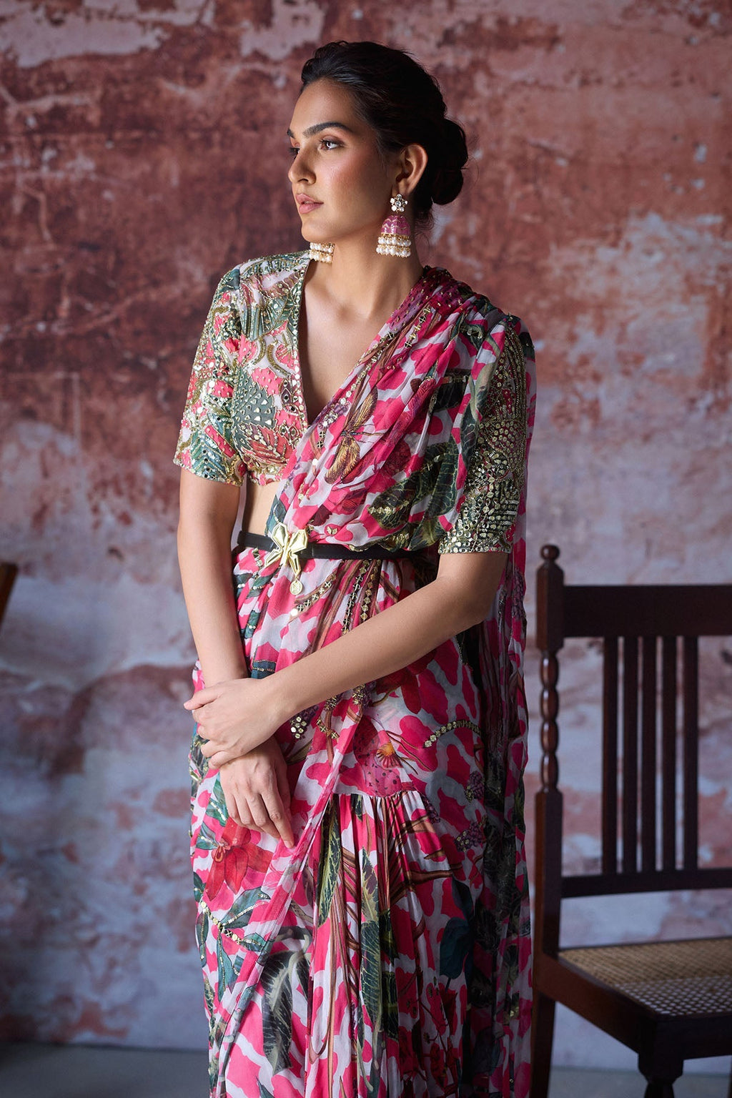 Amayra Embroidered Ruffled Saree With Leather Belt