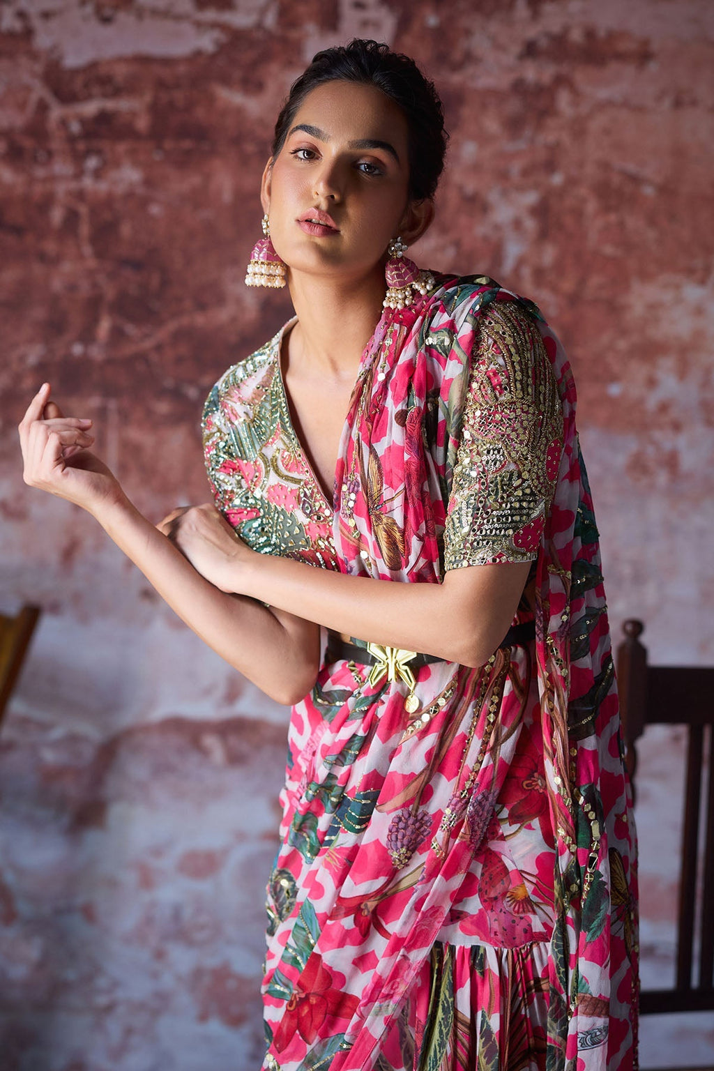 Amayra Embroidered Ruffled Saree With Leather Belt