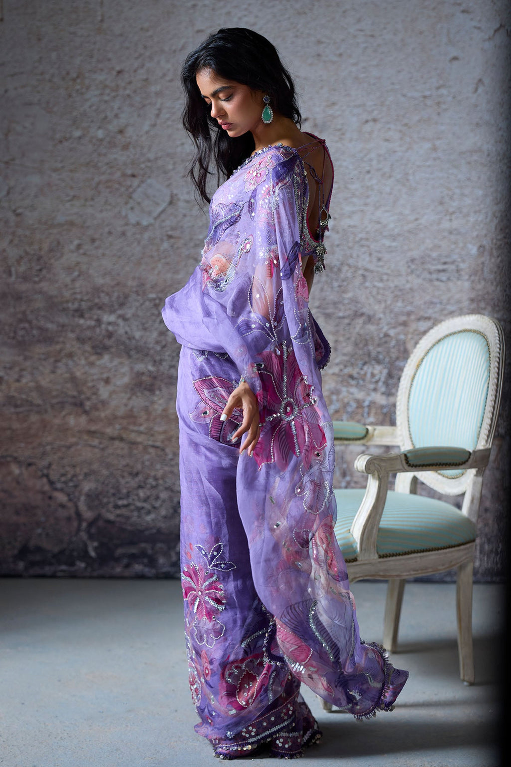 Janvi Pre-Draped Embroidered Saree With Chain Belt