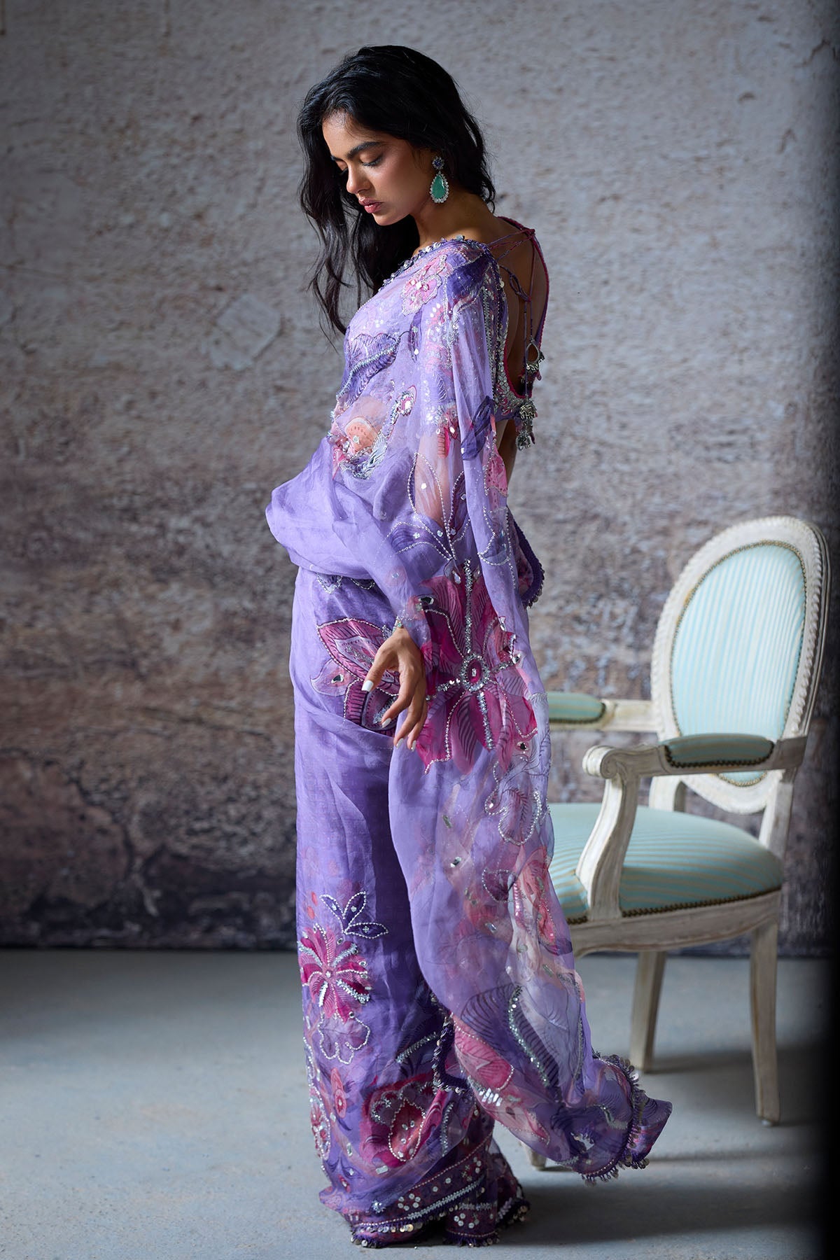 Janvi Pre-Draped Embroidered Saree With Chain Belt