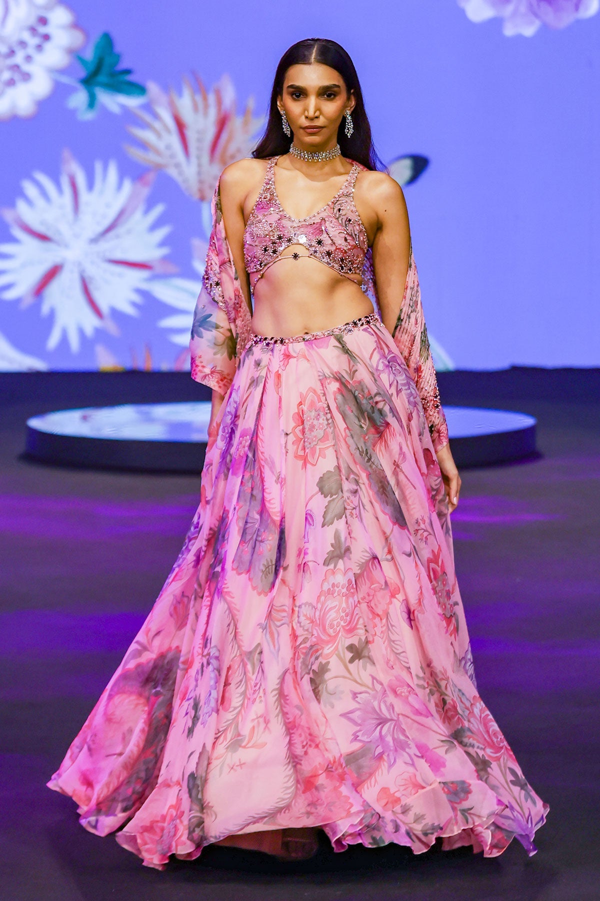 Asma Floral Lehenga With Hand Embroidered Backless Blouse