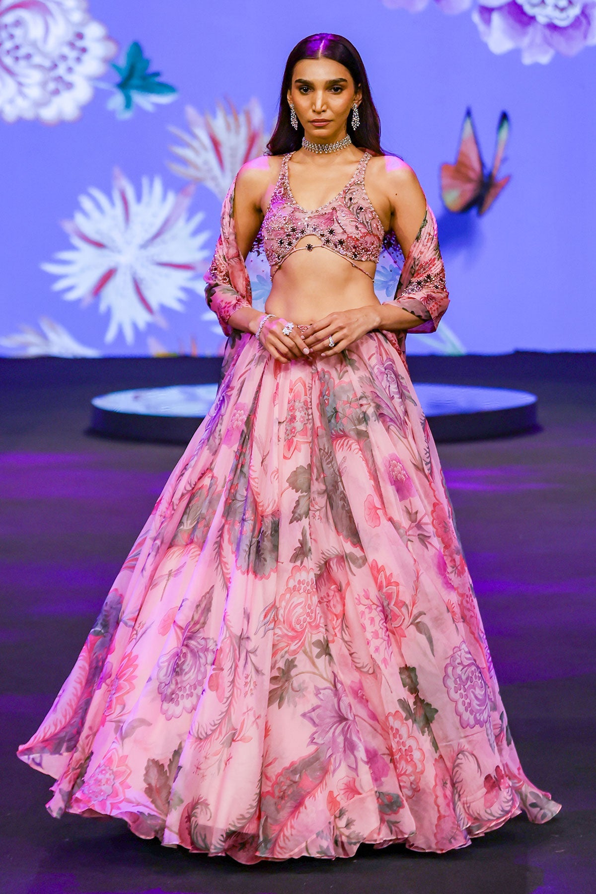 Asma Floral Lehenga With Hand Embroidered Backless Blouse