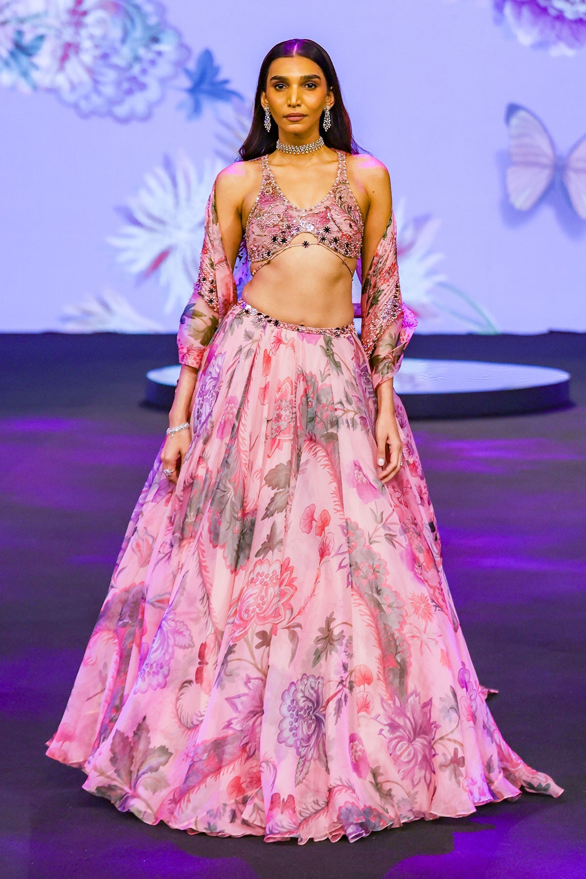Asma Floral Lehenga With Hand Embroidered Backless Blouse