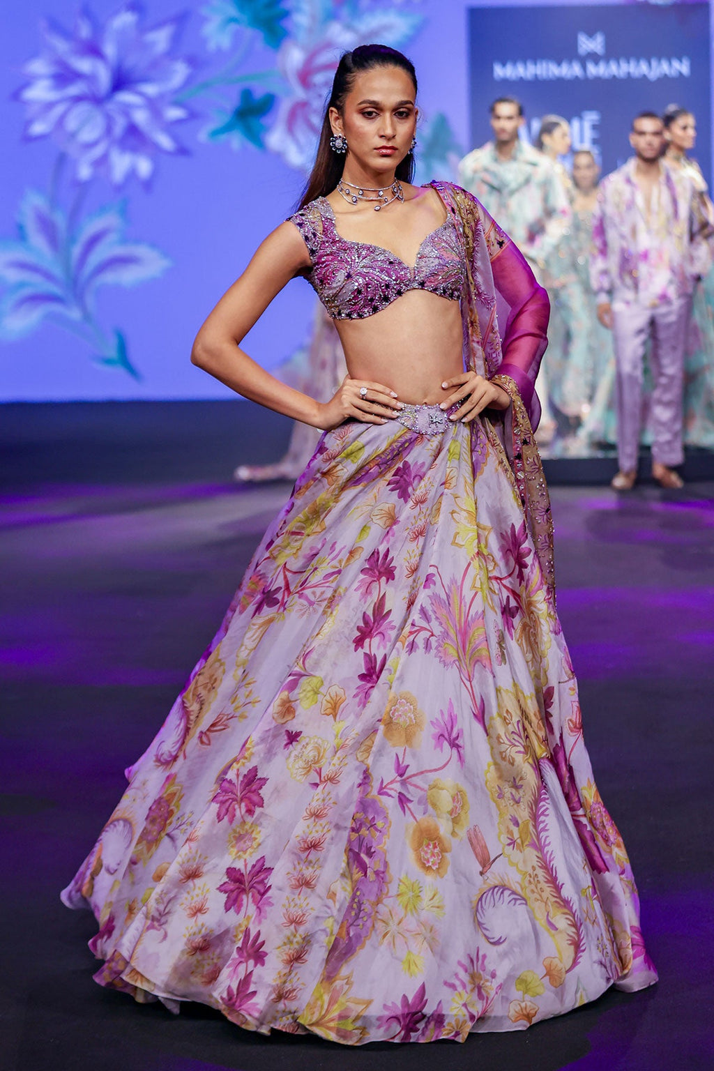 Layla Floral Lehenga Set With Heavy Hand Embroidered Blouse And Belt