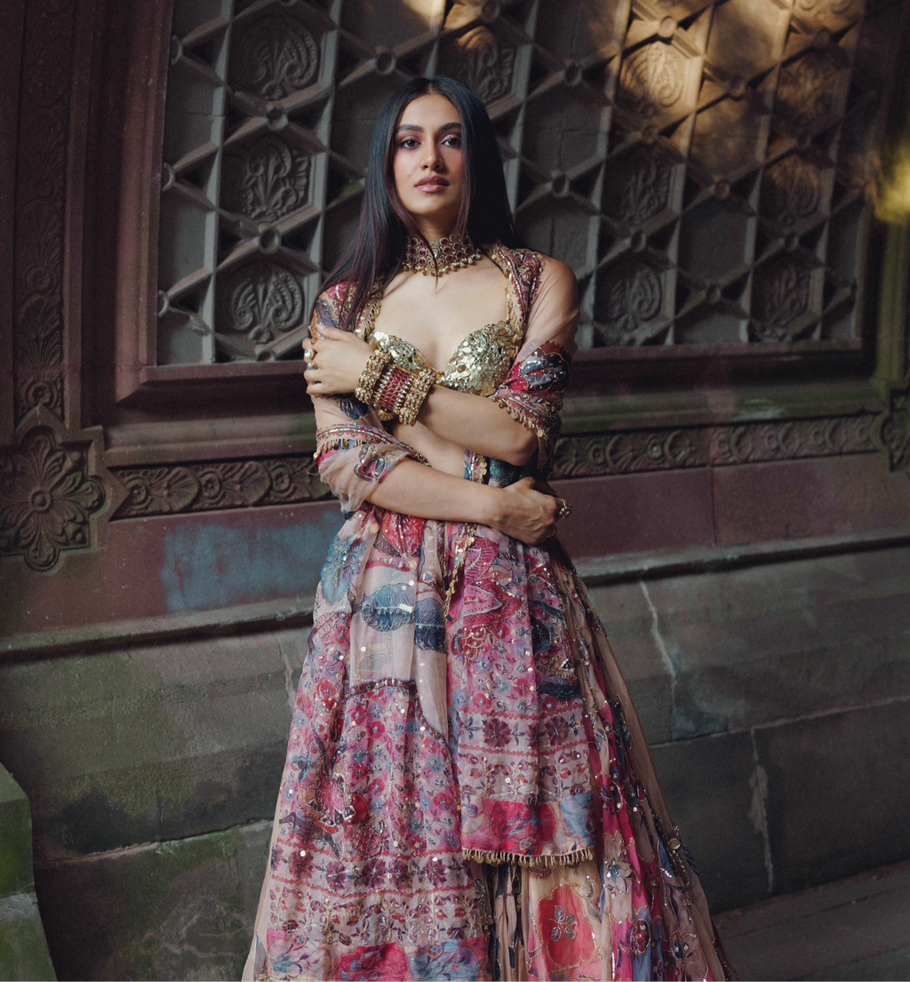 Diana Penty In Suha Hand Embroidered Multicoloured Print Lehenga Set