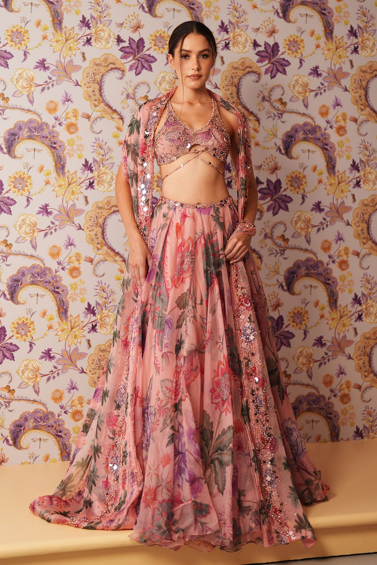 Asma Floral Lehenga With Hand Embroidered Backless Blouse