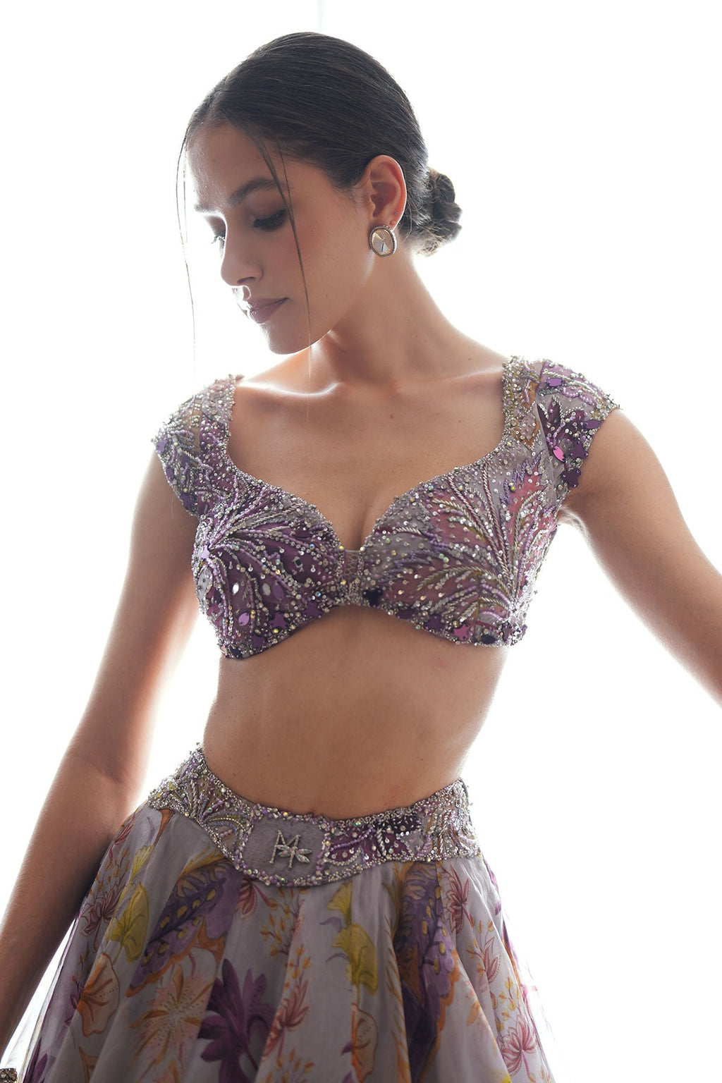 Layla Floral Lehenga Set With Heavy Hand Embroidered Blouse And Belt