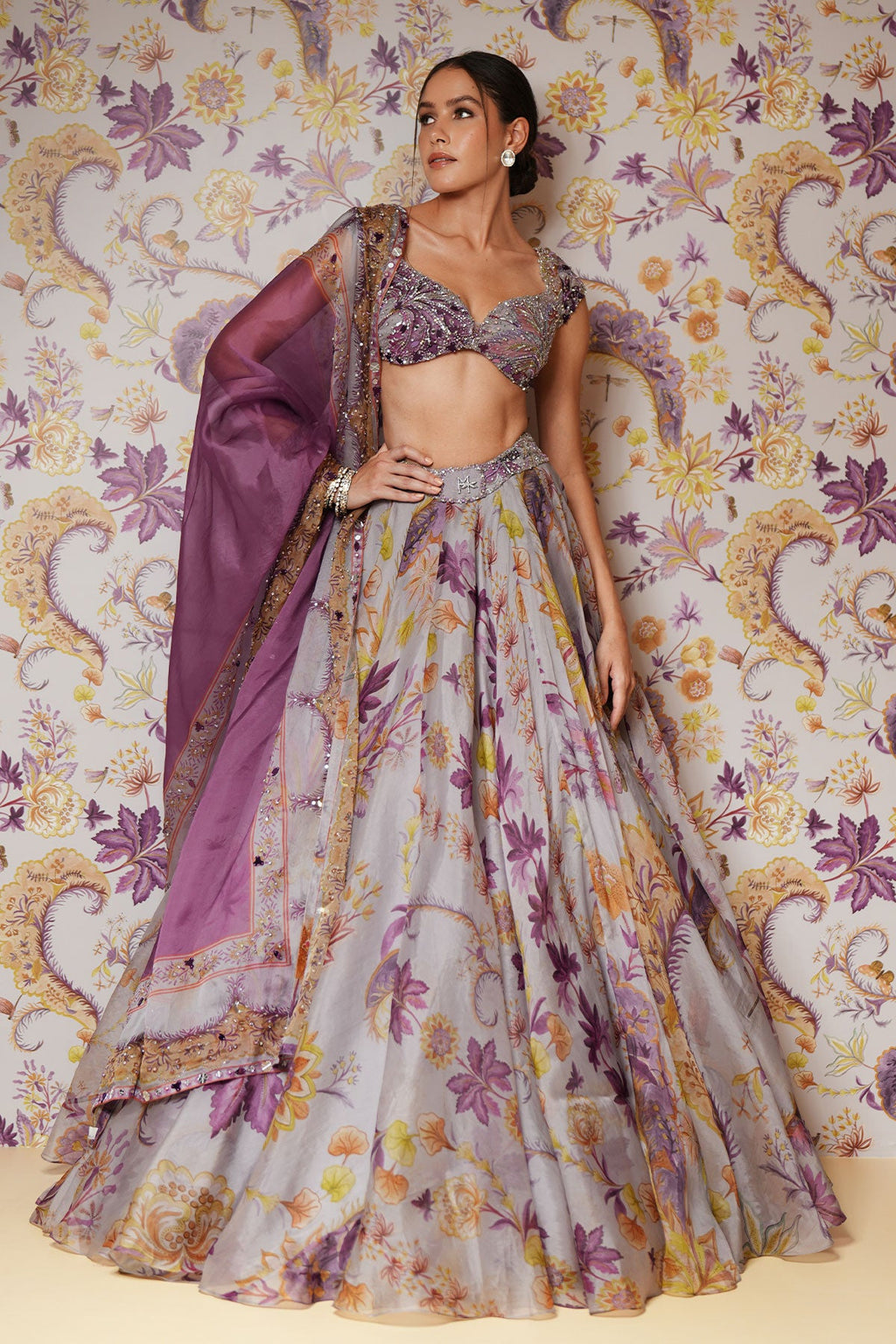 Layla Floral Lehenga Set With Heavy Hand Embroidered Blouse And Belt