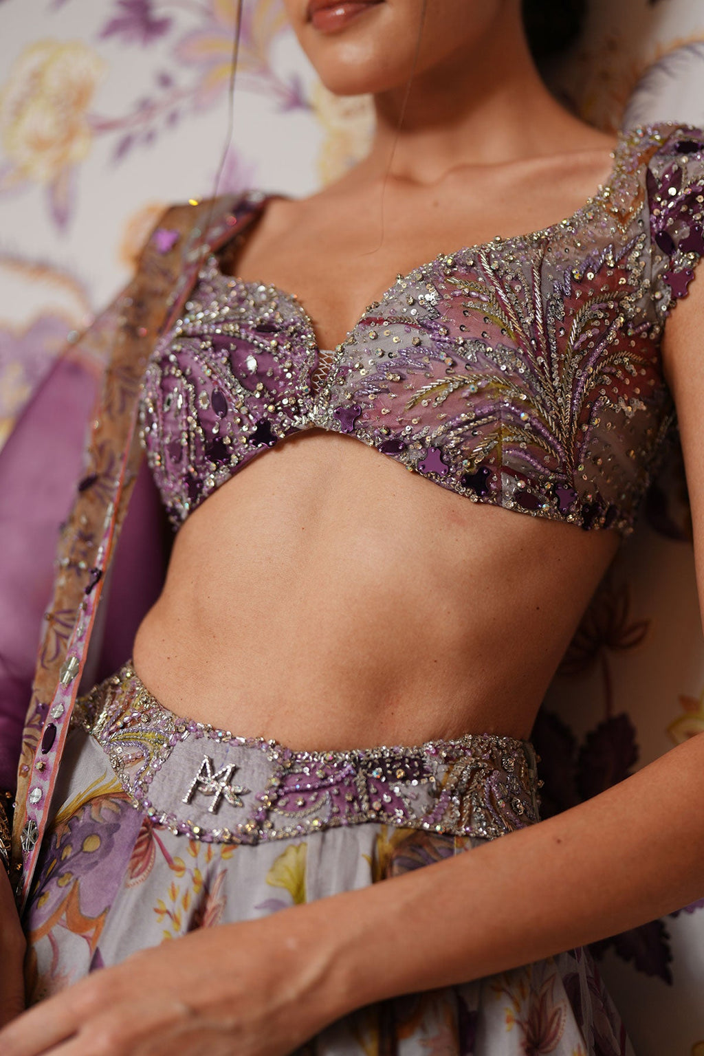Layla Floral Lehenga Set With Heavy Hand Embroidered Blouse And Belt