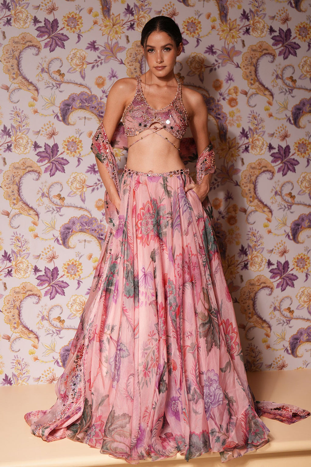 Asma Floral Lehenga With Hand Embroidered Backless Blouse
