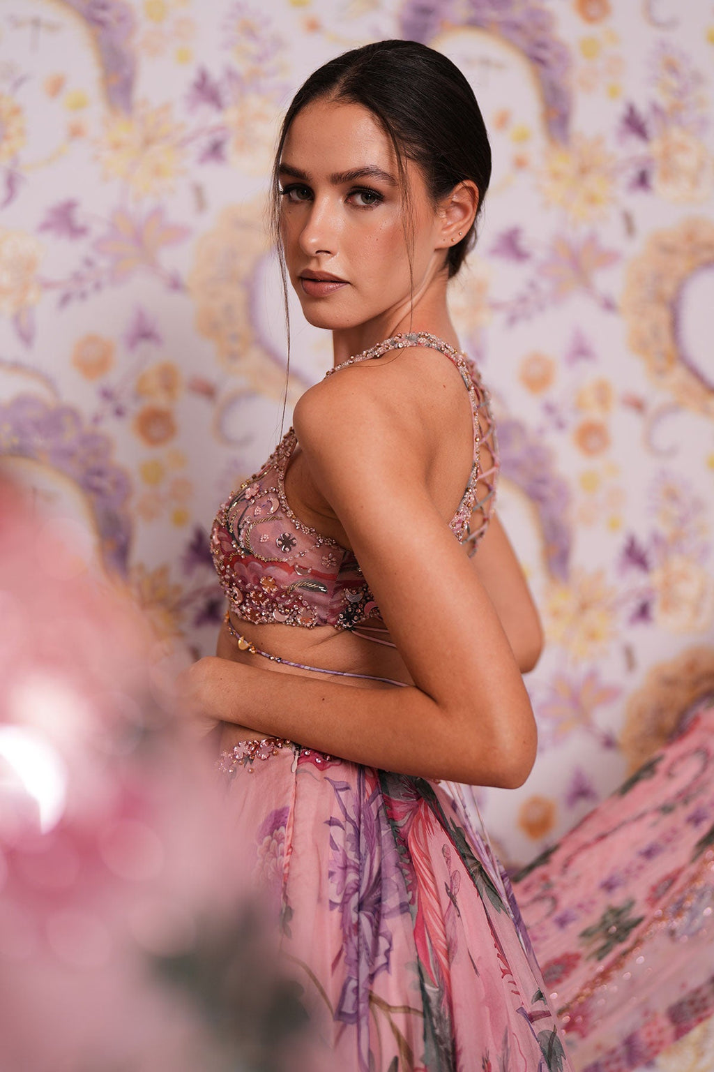 Asma Floral Lehenga With Hand Embroidered Backless Blouse