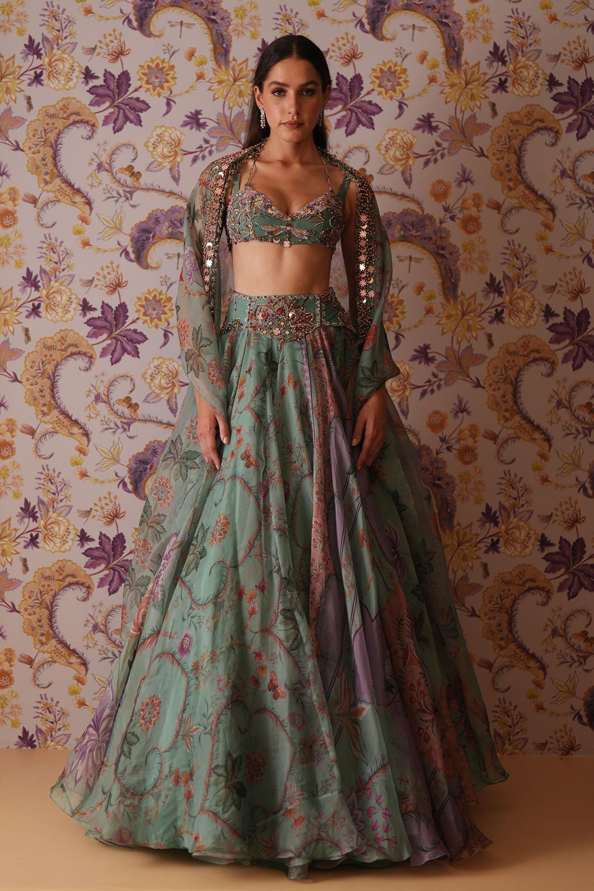 Areeba Floral Lehenga With Hand Embroidered Bralette Top