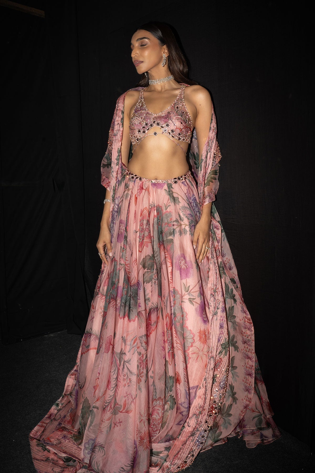 Asma Floral Lehenga With Hand Embroidered Backless Blouse