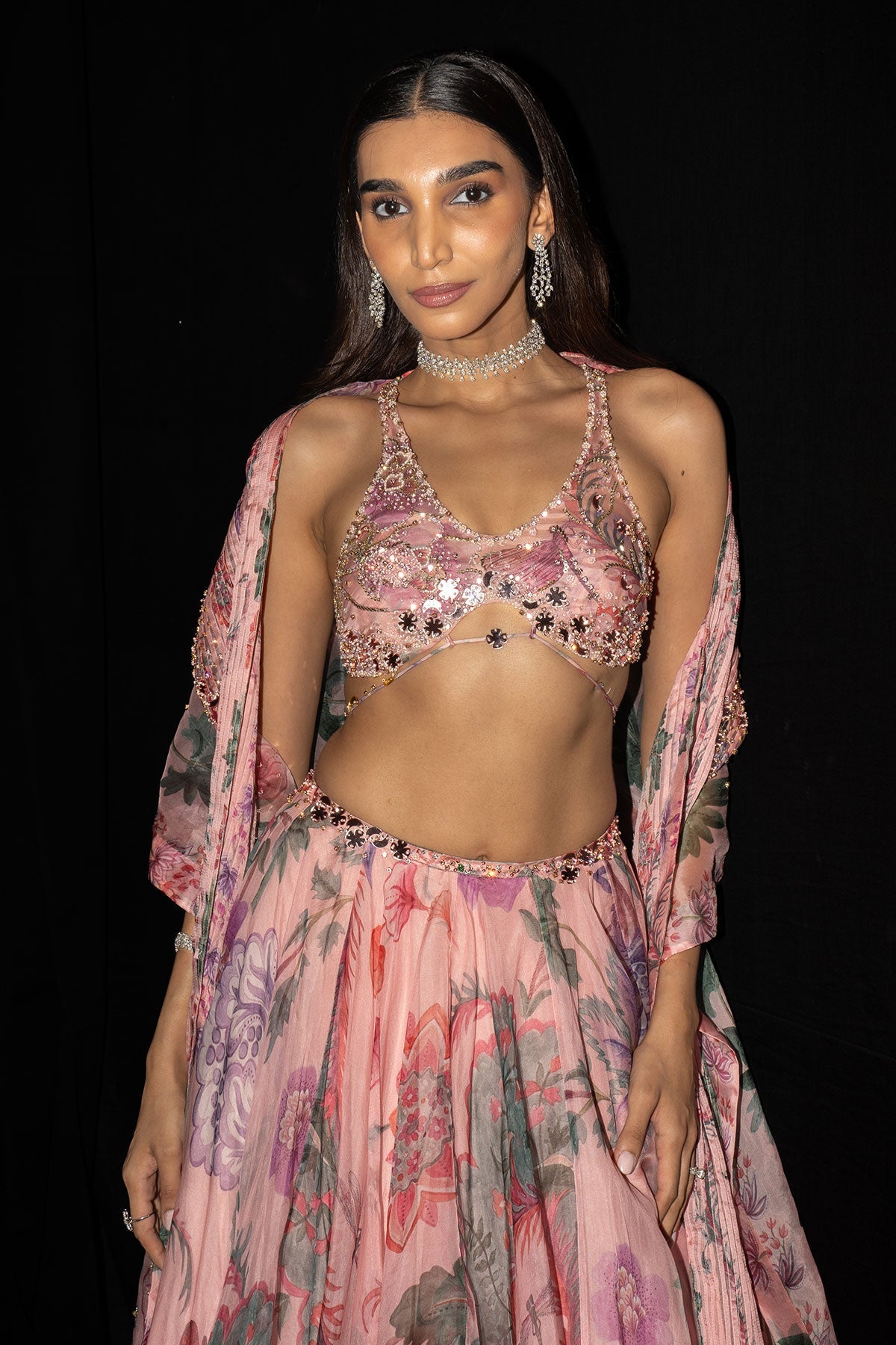 Asma Floral Lehenga With Hand Embroidered Backless Blouse