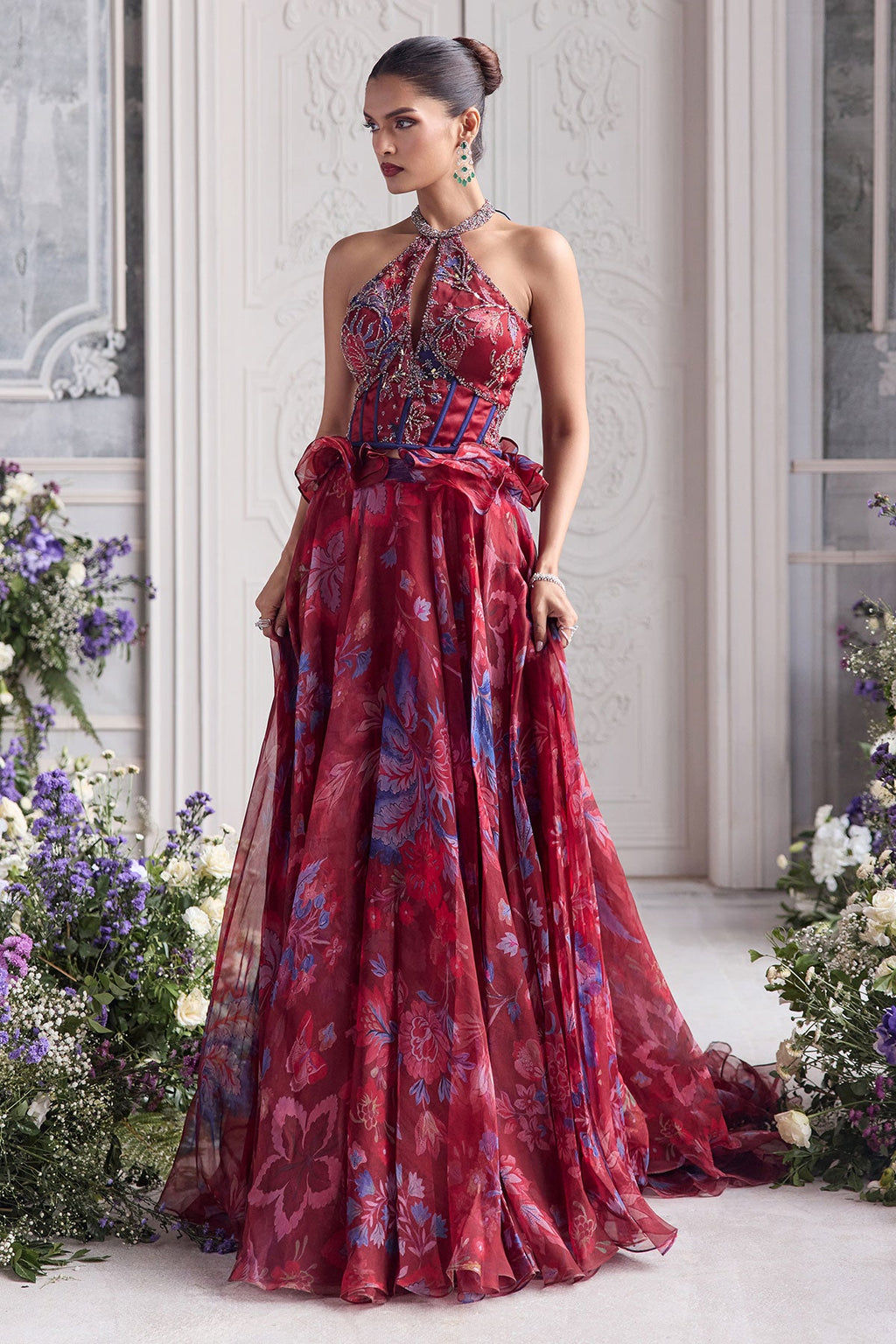 Elsa Jewelled Neck Floral Lehenga