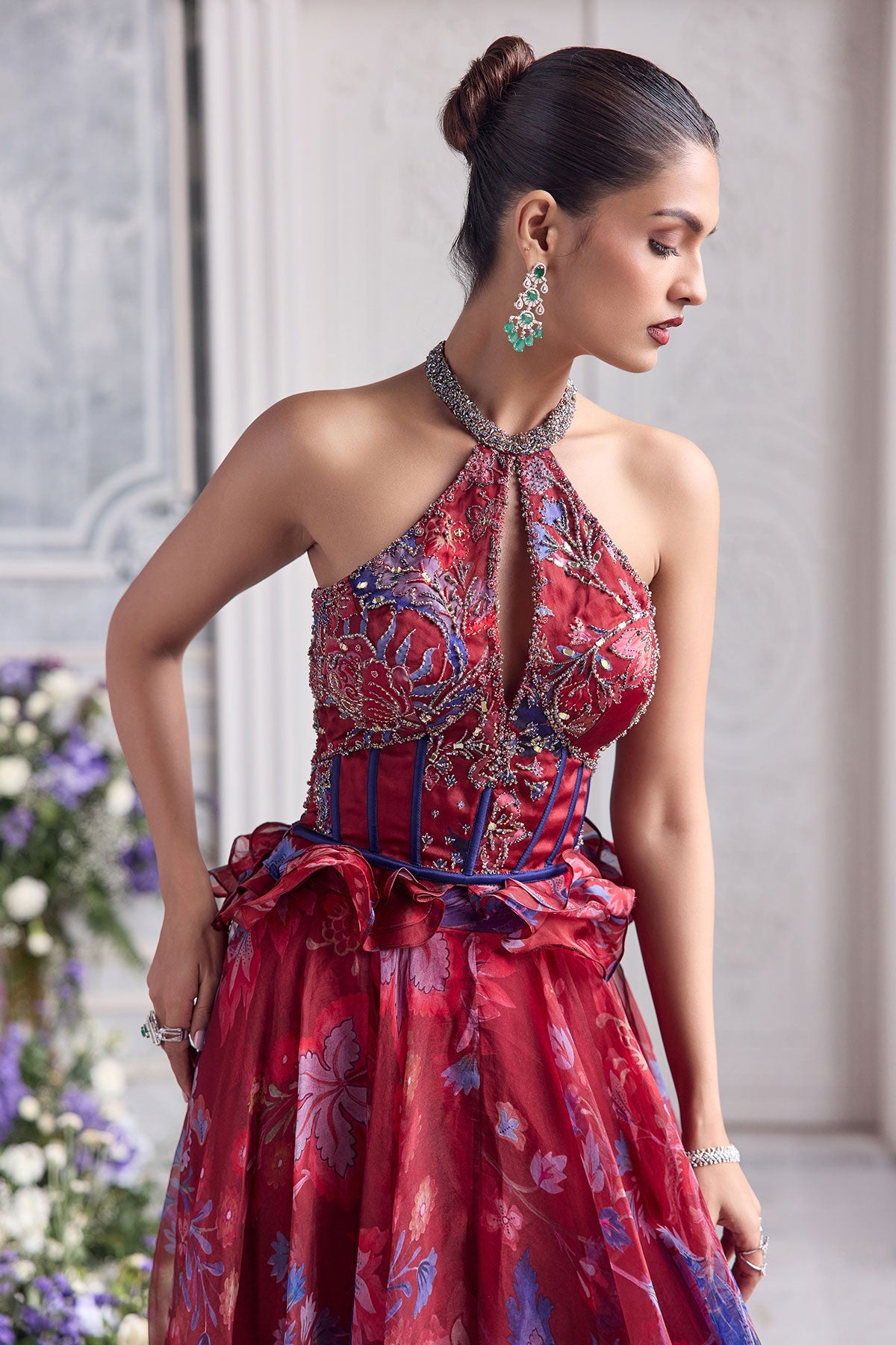 Elsa Jewelled Neck Floral Lehenga