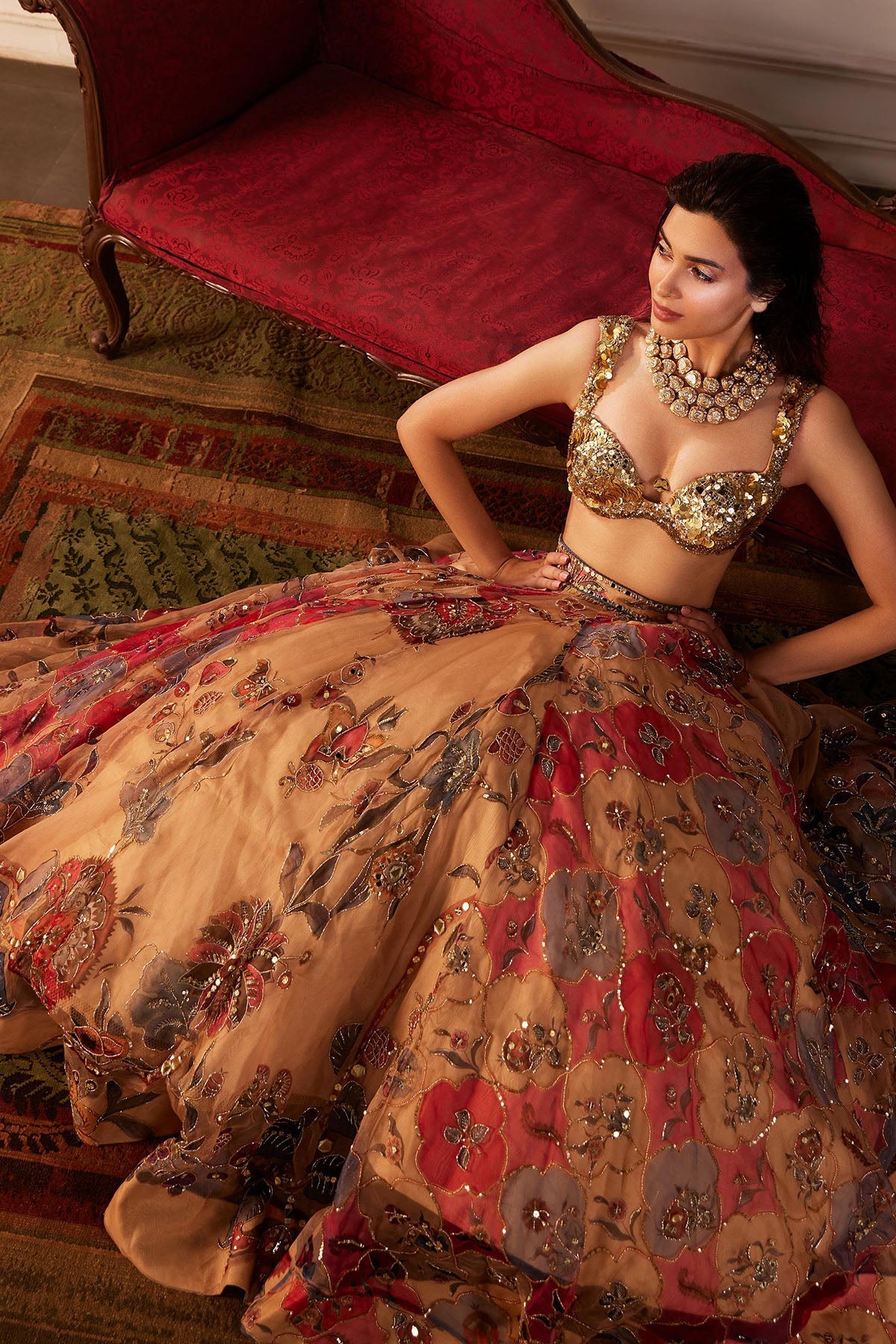 Diana Penty In Suha Hand Embroidered Multicoloured Print Lehenga Set