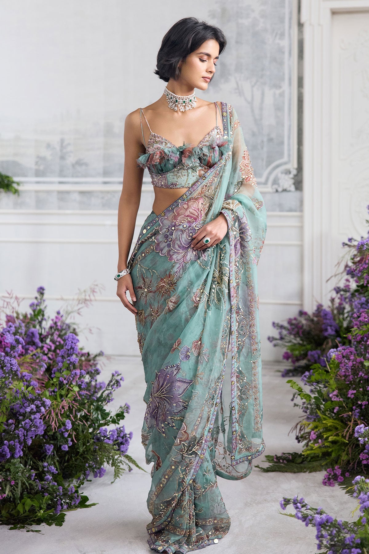 Ishika Embroidered Pre-Draped Saree With Ruffled Blouse