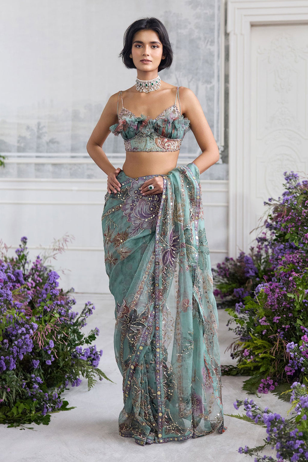 Ishika Embroidered Pre-Draped Saree With Ruffled Blouse