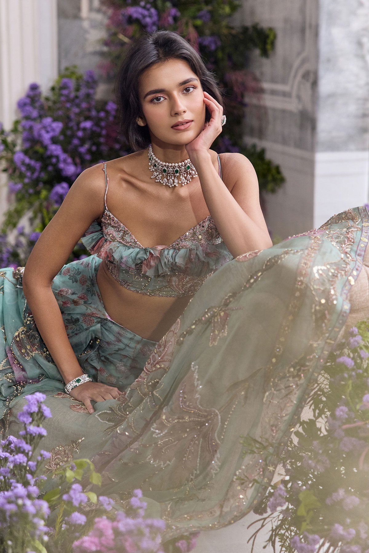 Ishika Embroidered Pre-Draped Saree With Ruffled Blouse