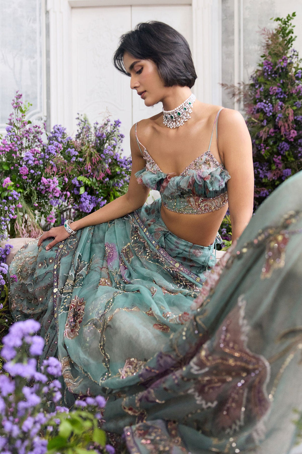 Ishika Embroidered Pre-Draped Saree With Ruffled Blouse