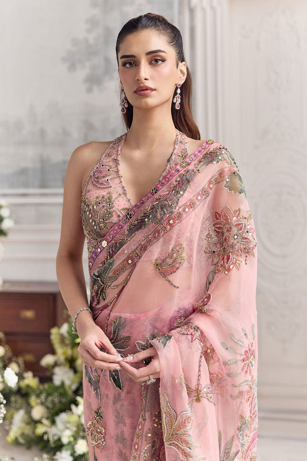 Itr Pre-Draped Saree With Halter Neck Blouse