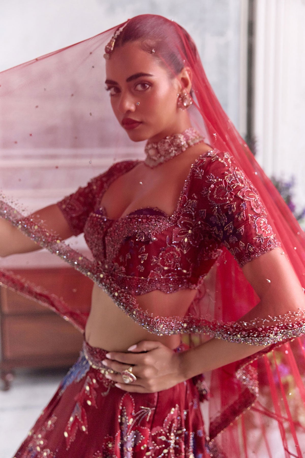 Ridaa Heavy Hand Embroidered Lehenga With Veil