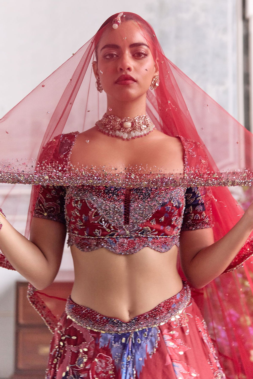 Ridaa Heavy Hand Embroidered Lehenga With Veil