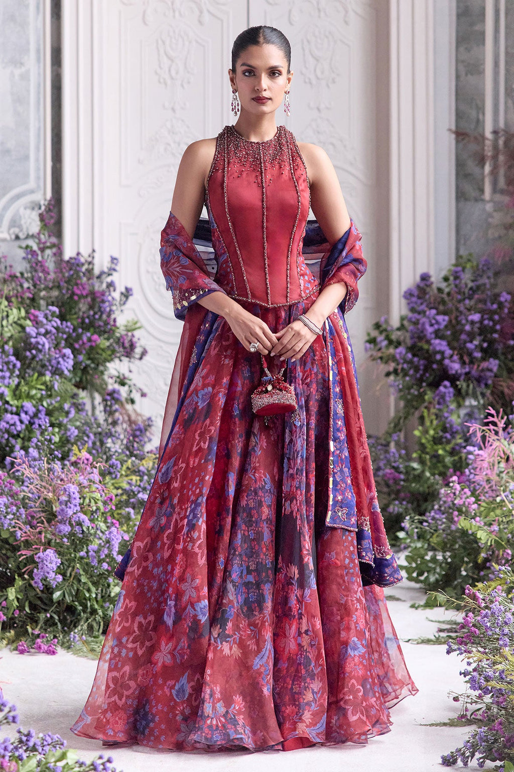 Safiya Floral Lehenga Set With Racer Back Corset Top