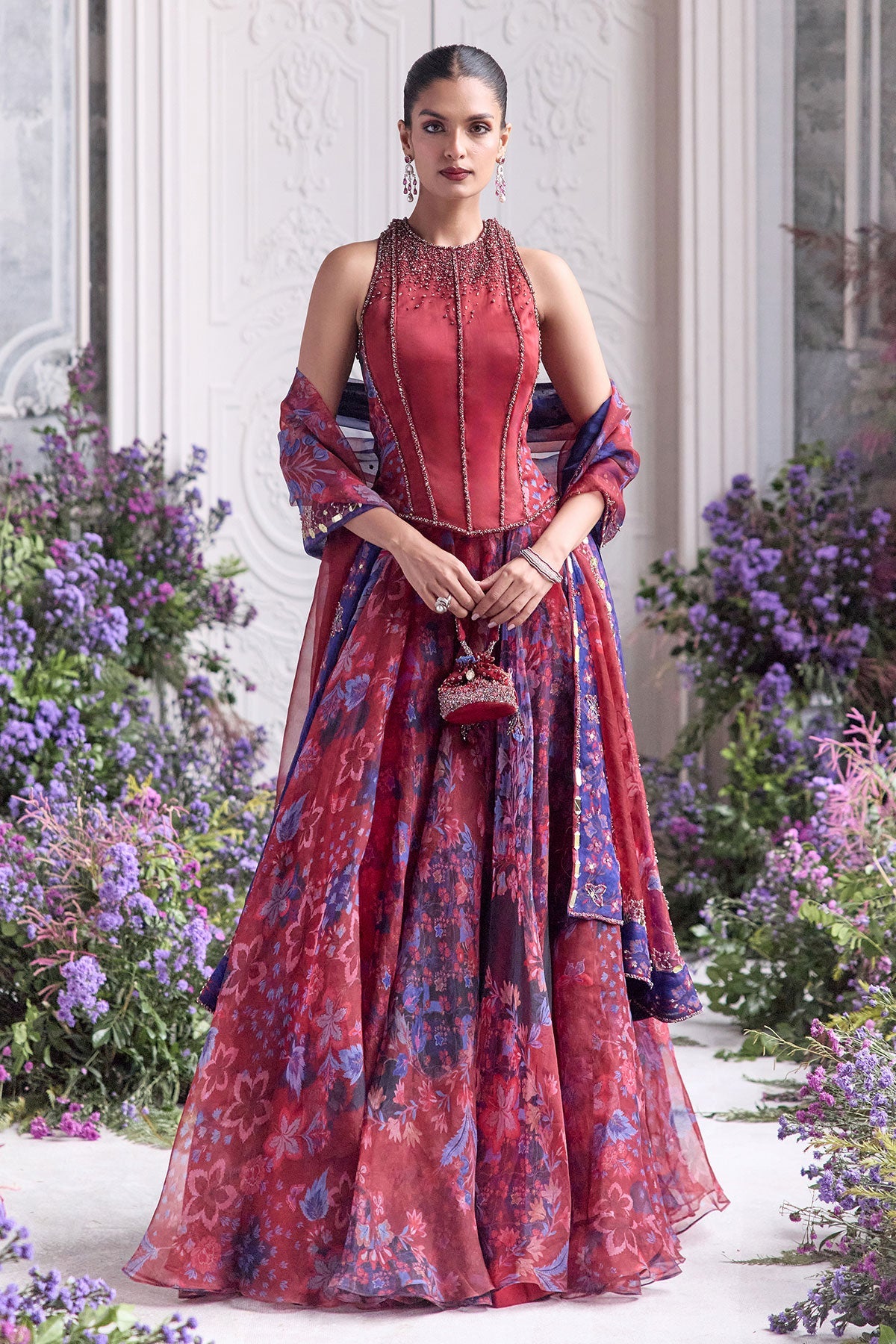 Safiya Floral Lehenga Set With Racer Back Corset Top
