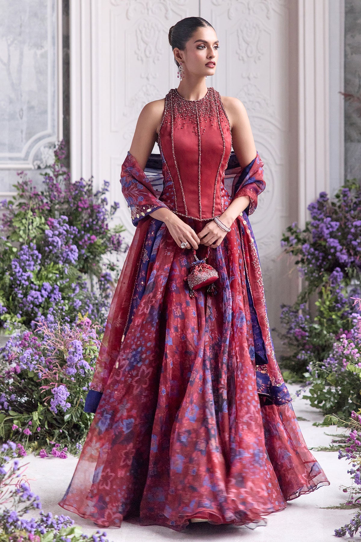 Safiya Floral Lehenga Set With Racer Back Corset Top