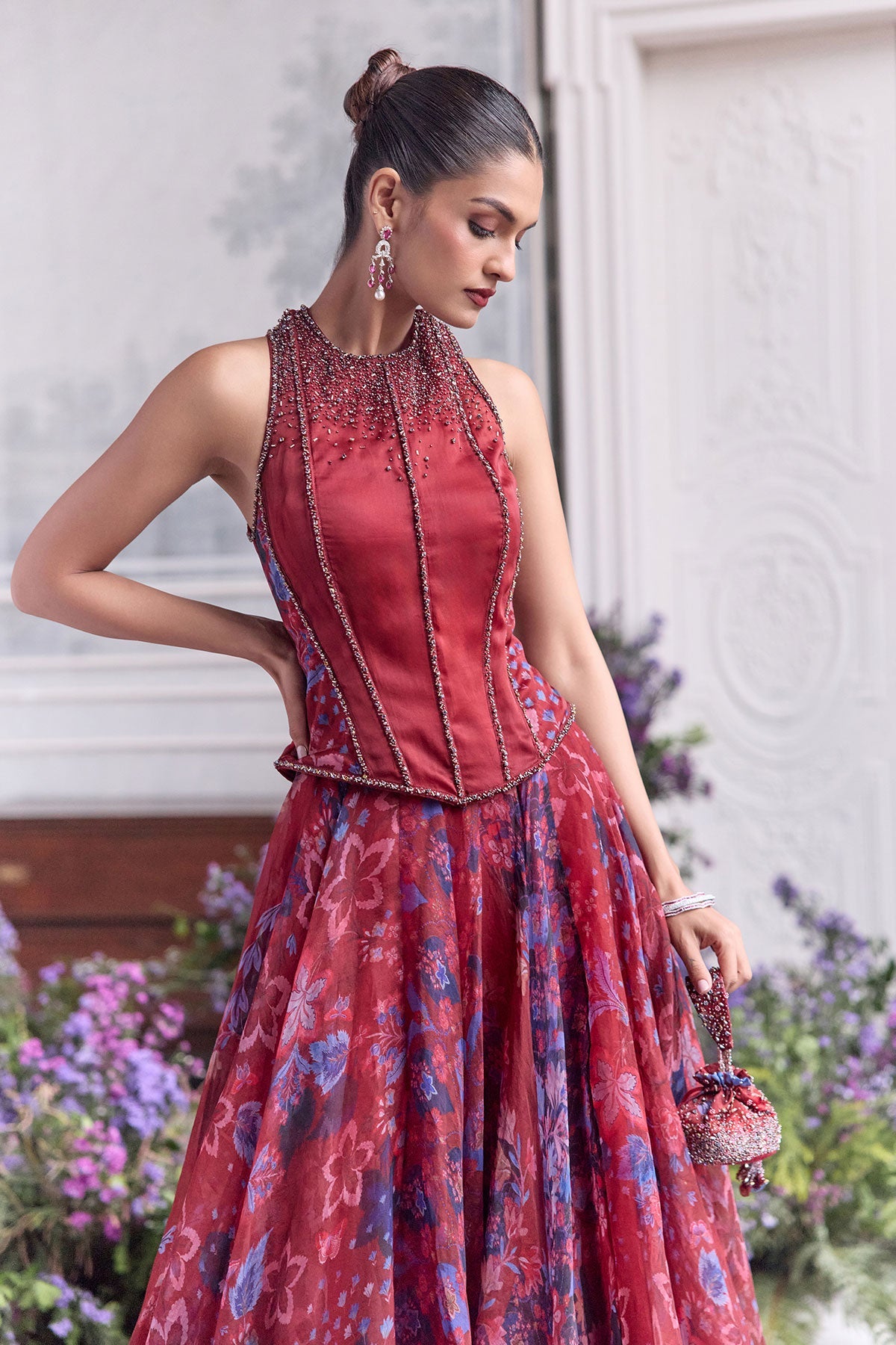 Safiya Floral Lehenga Set With Racer Back Corset Top