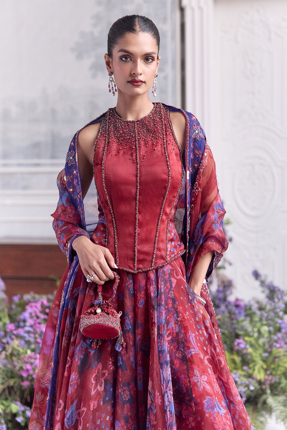Safiya Floral Lehenga Set With Racer Back Corset Top