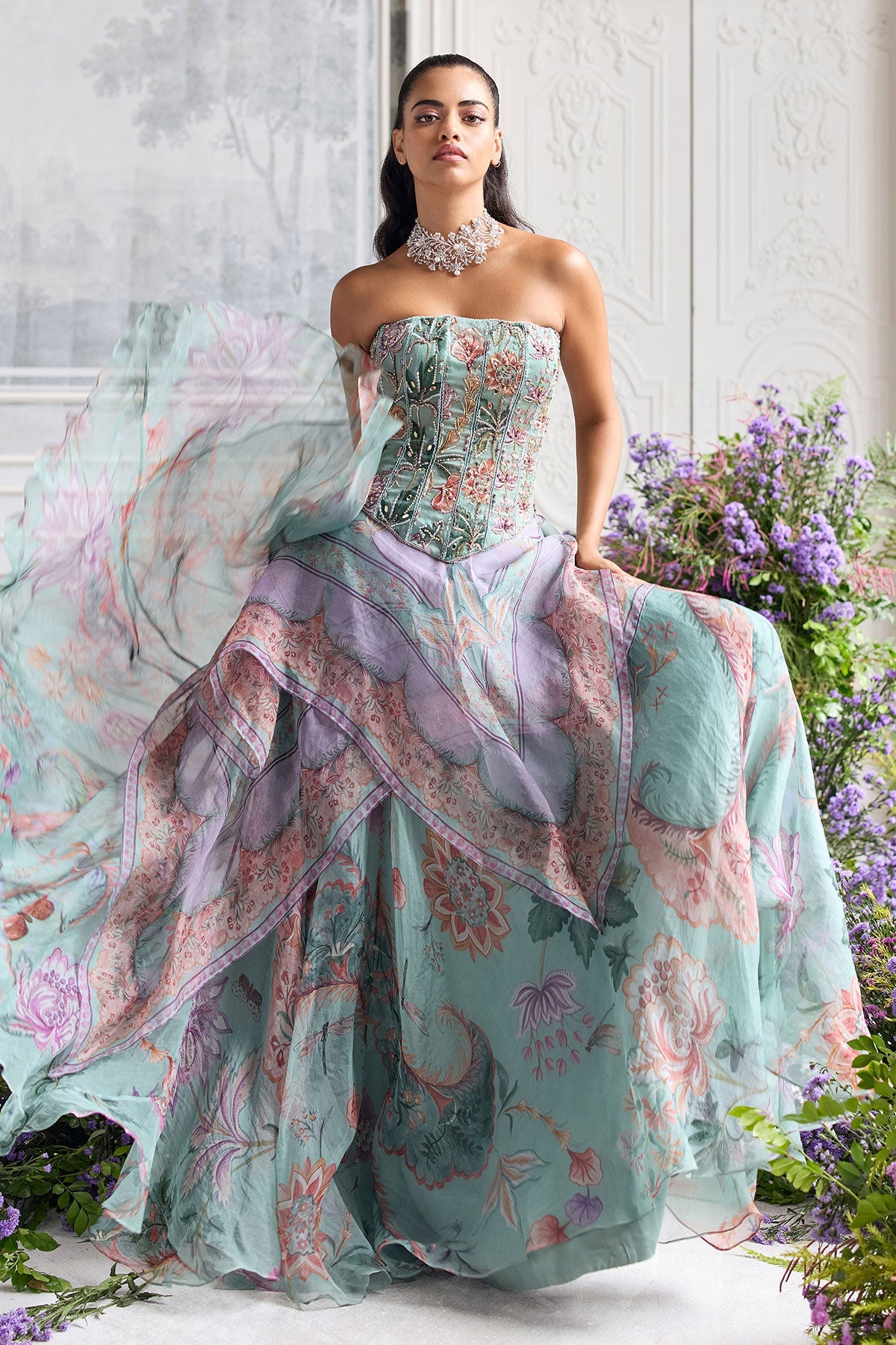 Shakira Corset Top With Floral Asymmetrical Skirt