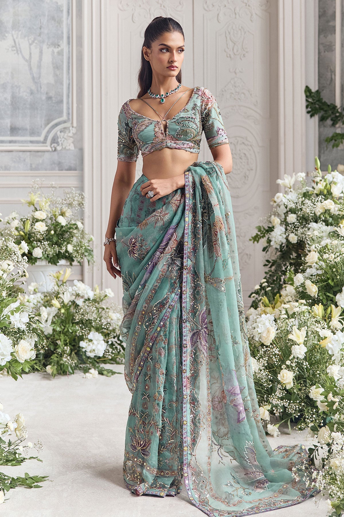 Uzma Pre-Draped Saree With Hand Embroidered Blouse