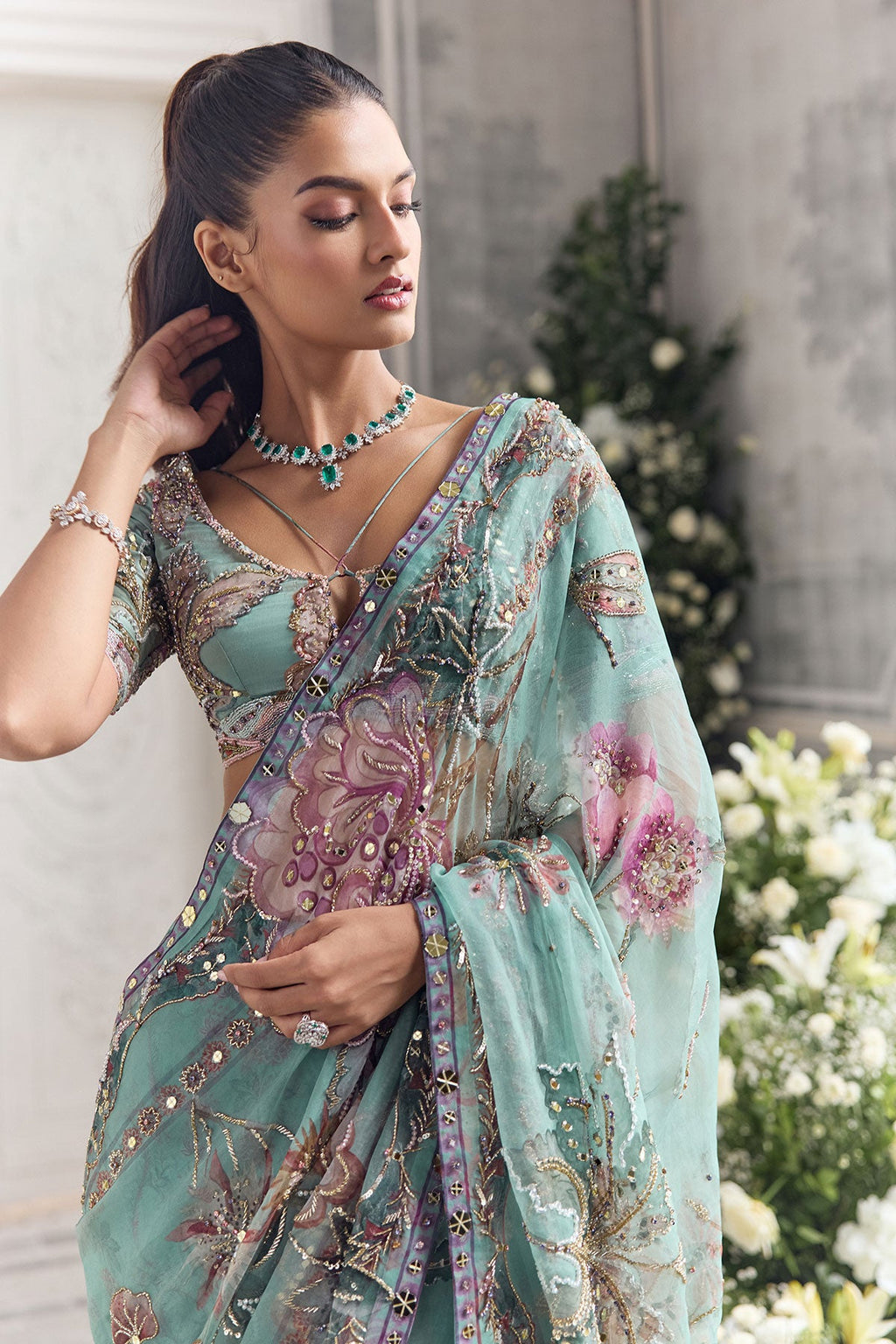 Uzma Pre-Draped Saree With Hand Embroidered Blouse