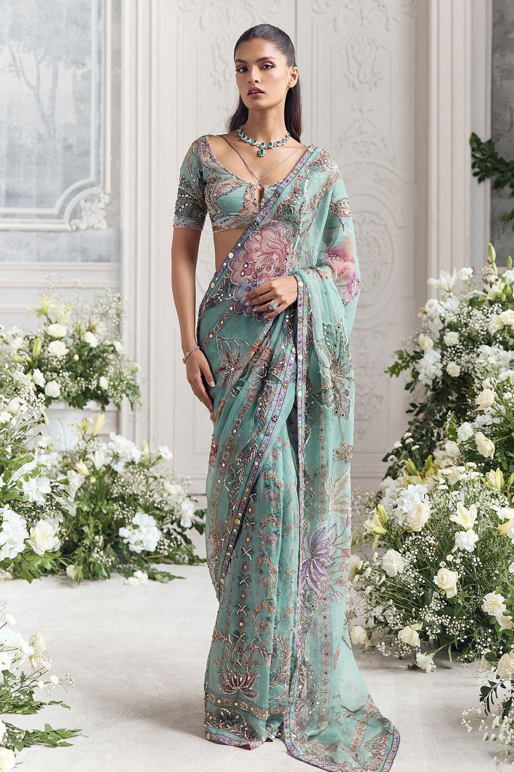 Uzma Pre-Draped Saree With Hand Embroidered Blouse