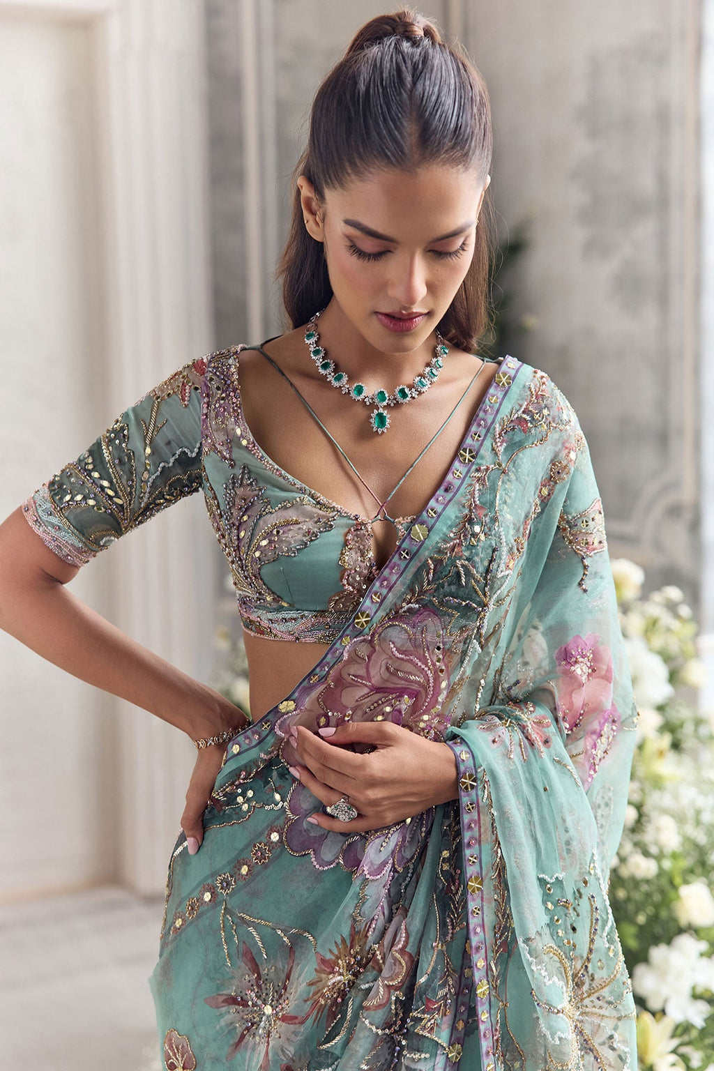 Uzma Pre-Draped Saree With Hand Embroidered Blouse