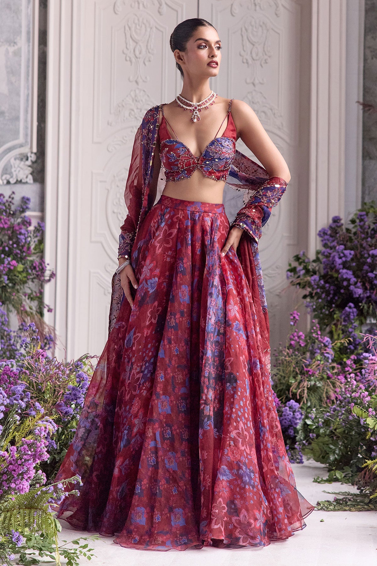 Zoya Floral Lehenga Set With Red Embroidered Bralette