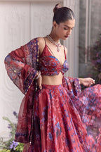 Zoya Floral Lehenga Set With Red Embroidered Bralette