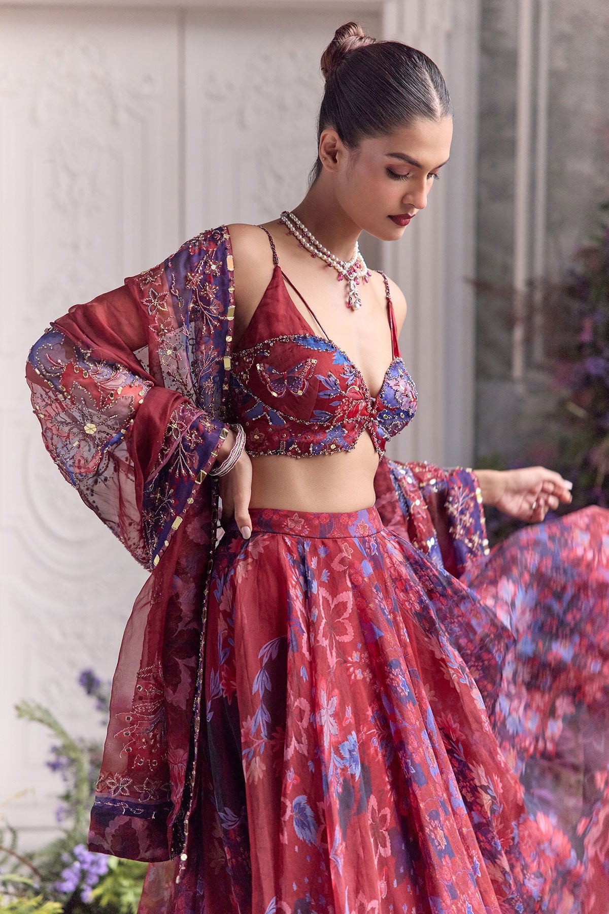 Zoya Floral Lehenga Set With Red Embroidered Bralette